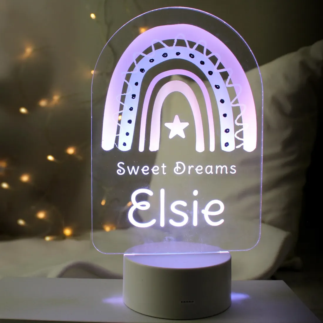Personalised Pink Rainbow LED Night Light, Colour Changing Engraved Text Night Light