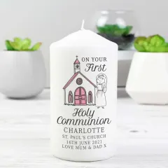 Personalised Girls First Holy Communion Pillar Candle, Custom Name and Church Details Candle thumbnail 1