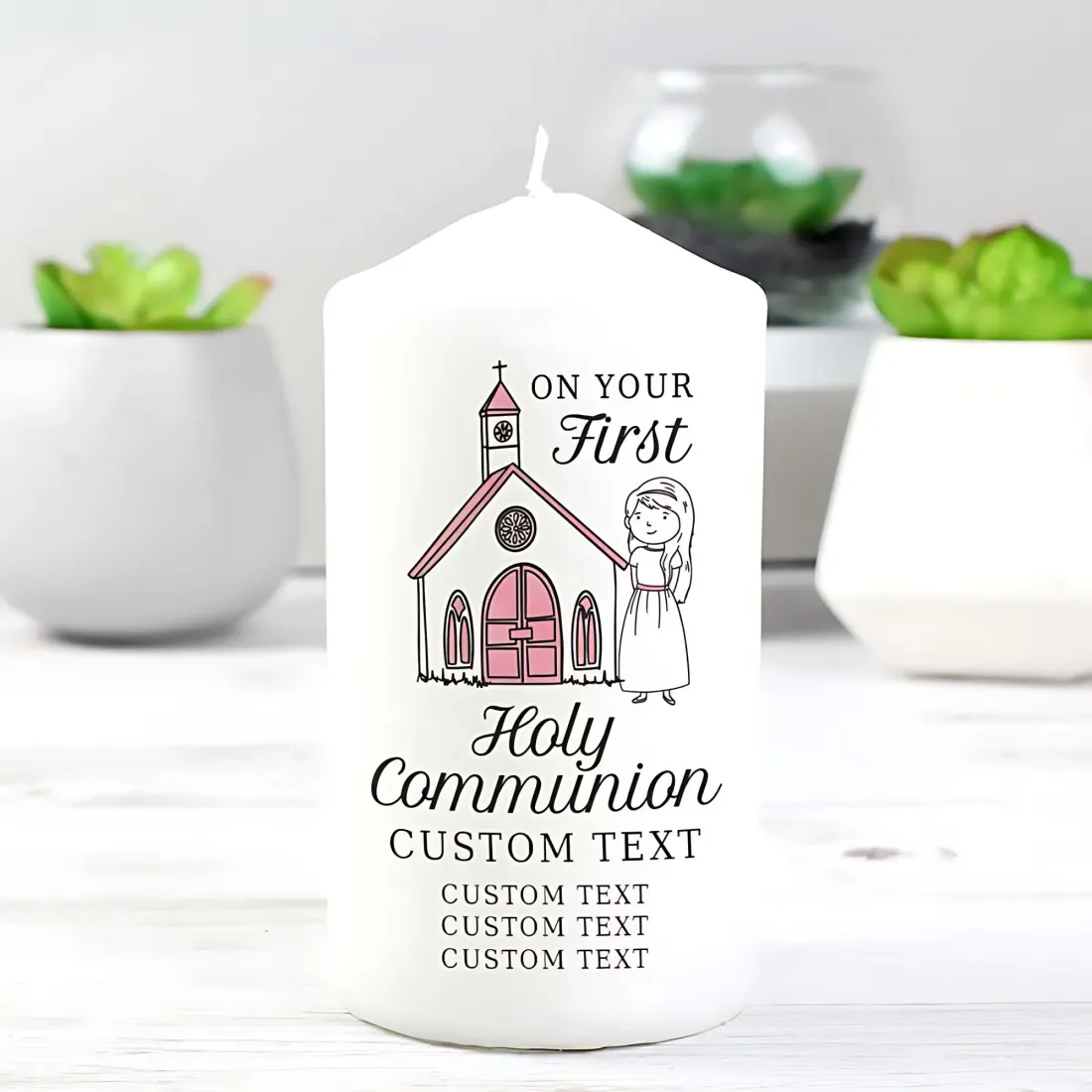 Personalised Girls First Holy Communion Pillar Candle, Custom Name and Church Details Candle — photo 2