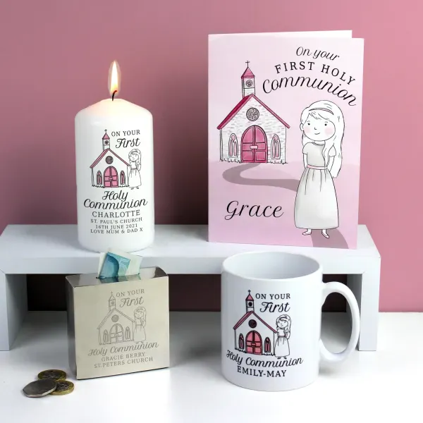 Personalised Girls First Holy Communion Pillar Candle, Custom Name and Church Details Candle
