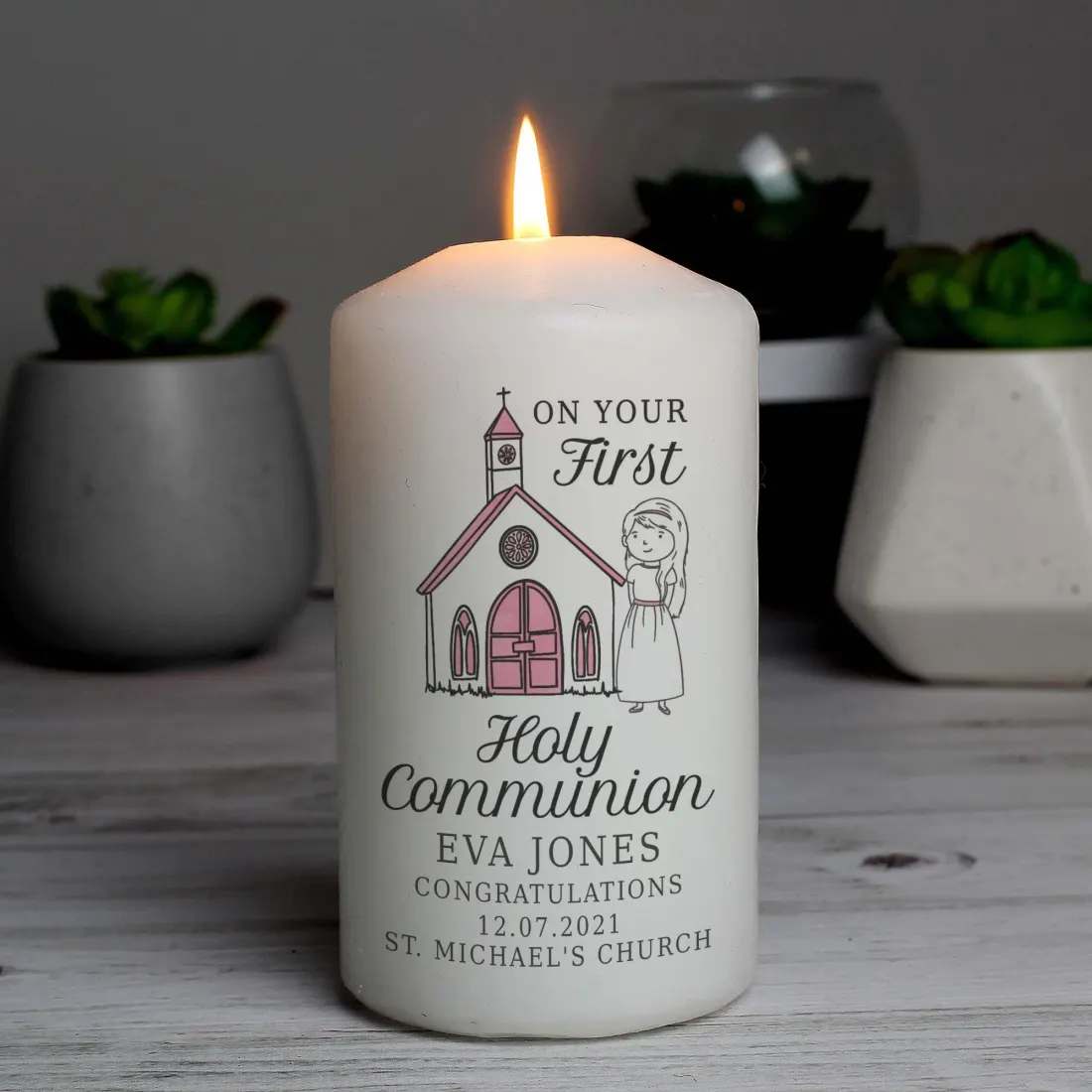 Personalised Girls First Holy Communion Pillar Candle, Custom Name and Church Details Candle — photo 4