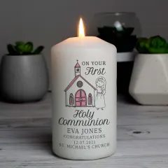 Personalised Girls First Holy Communion Pillar Candle, Custom Name and Church Details Candle thumbnail 4