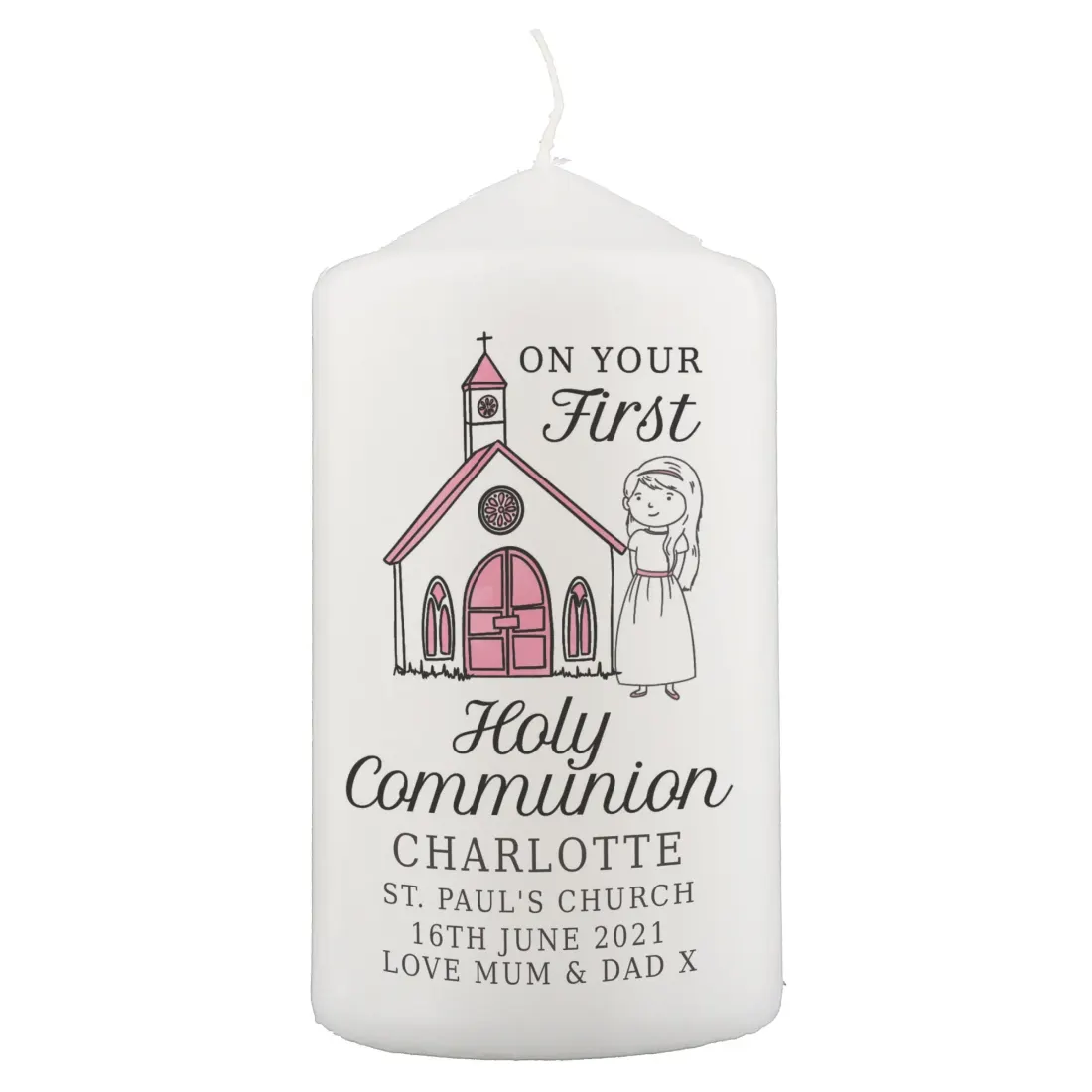 Personalised Girls First Holy Communion Pillar Candle, Custom Name and Church Details Candle — photo 5