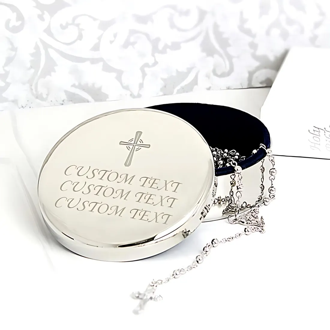 Personalised Catholic Rosary Beads with Round Trinket Box, Engraved Cross Custom Text Gift — photo 2
