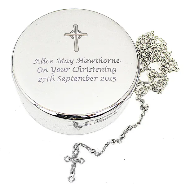 Personalised Catholic Rosary Beads with Round Trinket Box, Engraved Cross Custom Text Gift