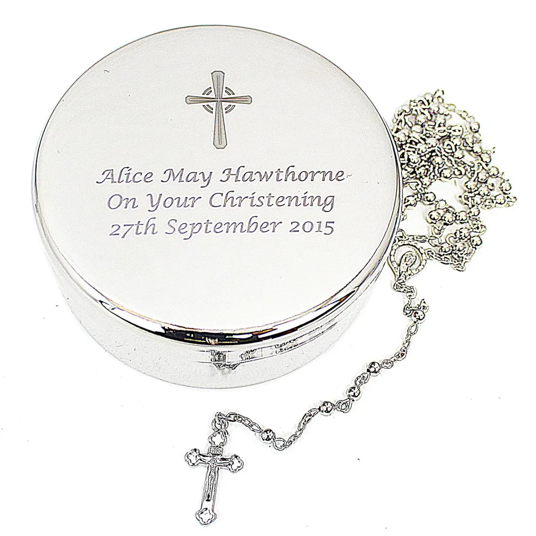 Personalised Catholic Rosary Beads with Round Trinket Box, Engraved Cross Custom Text Gift — photo 3