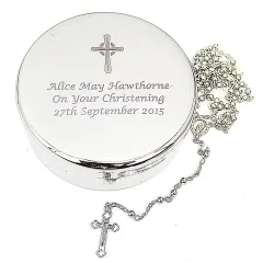 Personalised Catholic Rosary Beads with Round Trinket Box, Engraved Cross Custom Text Gift thumbnail 3