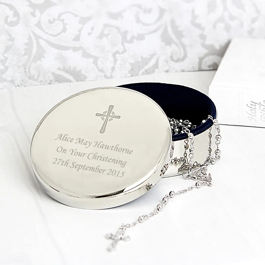 Personalised Catholic Rosary Beads with Round Trinket Box, Engraved Cross Custom Text Gift — photo 4