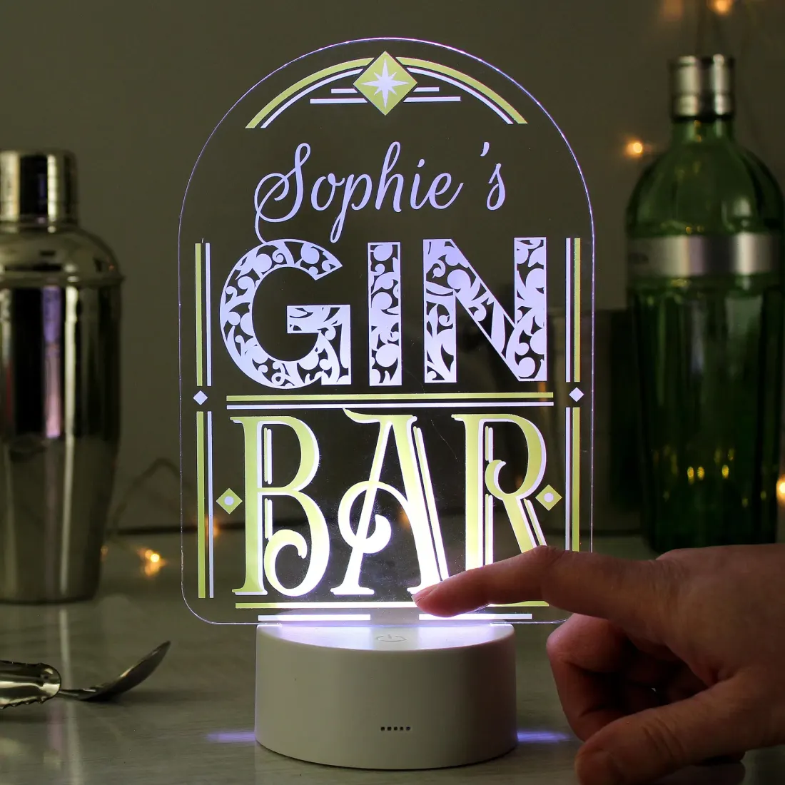 Personalised LED Gin Bar Sign, Colour Changing Engraved Custom Text Gift
