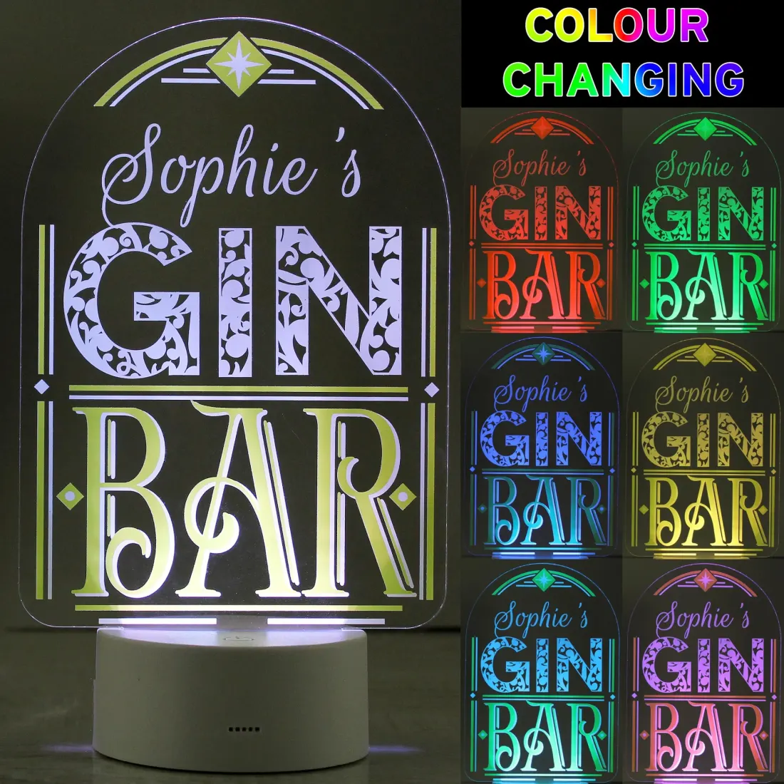 Personalised LED Gin Bar Sign, Colour Changing Engraved Custom Text Gift — photo 3