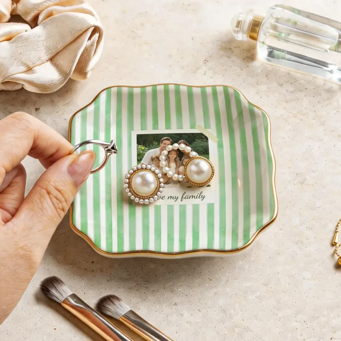Custom Photo Jewelry Dish, Wavy Ceramic Ring Tray with Gold Rim for Mom