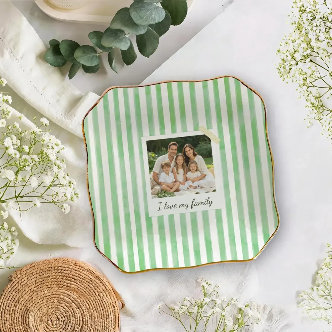 Custom Photo Jewelry Dish, Wavy Ceramic Ring Tray with Gold Rim for Mom — photo 2