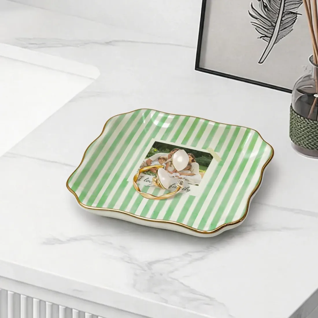 Custom Photo Jewelry Dish, Wavy Ceramic Ring Tray with Gold Rim for Mom — photo 4