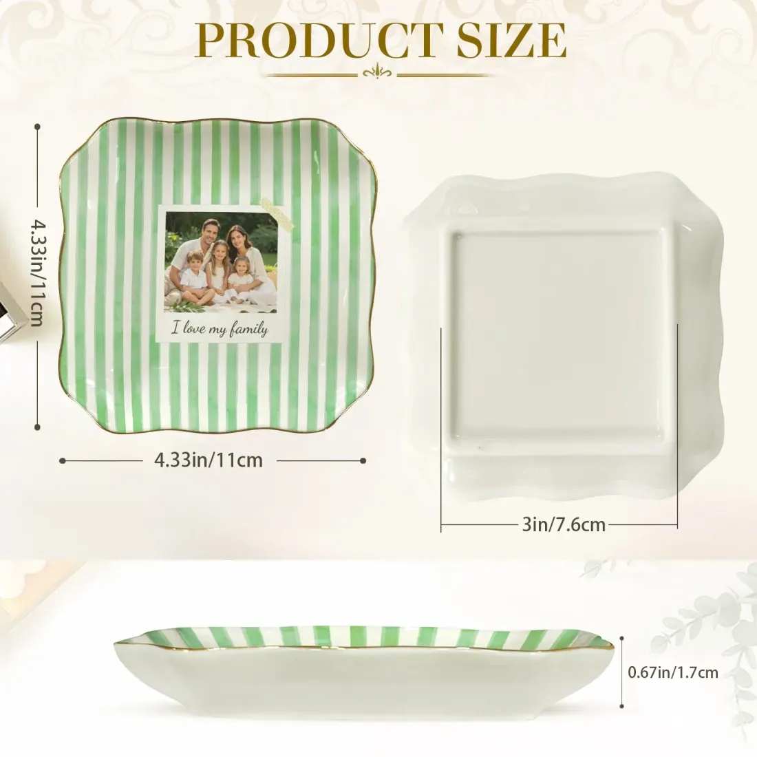 Custom Photo Jewelry Dish, Wavy Ceramic Ring Tray with Gold Rim for Mom — photo 6