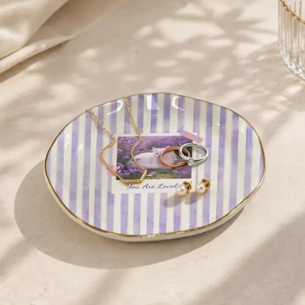 Custom Photo Jewelry Dish, Wavy Ceramic Ring Tray with Gold Rim, Gift for Her