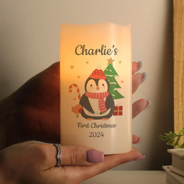 Personalised Penguin Christmas LED Candle, Engraved Name and Message Gifts, Flameless Festive Keepsake