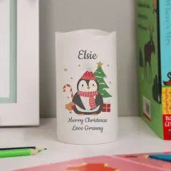 Personalised Penguin Christmas LED Candle, Engraved Name and Message Gifts, Flameless Festive Keepsake thumbnail 3