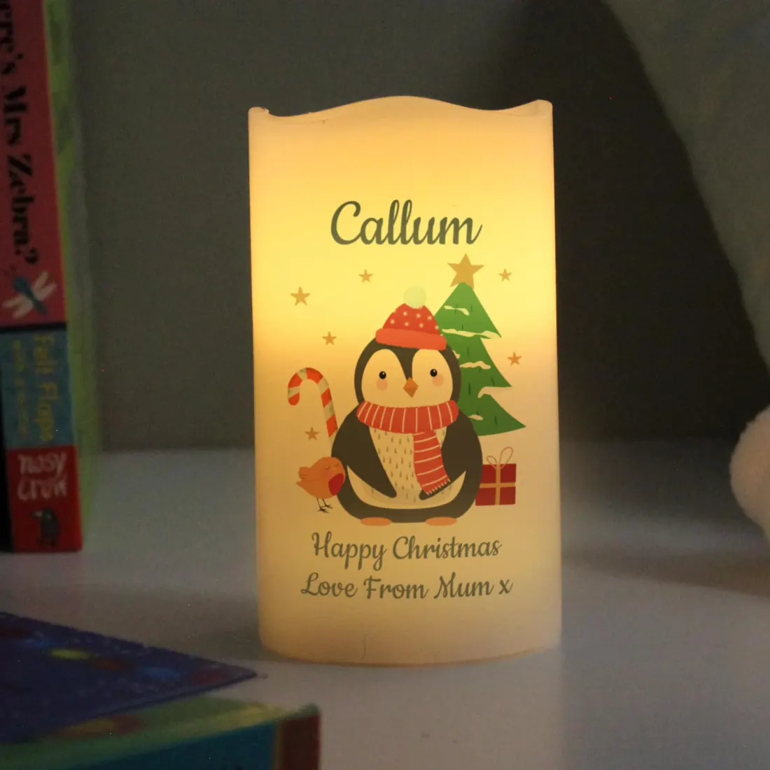 Personalised Penguin Christmas LED Candle, Engraved Name and Message Gifts, Flameless Festive Keepsake — photo 4
