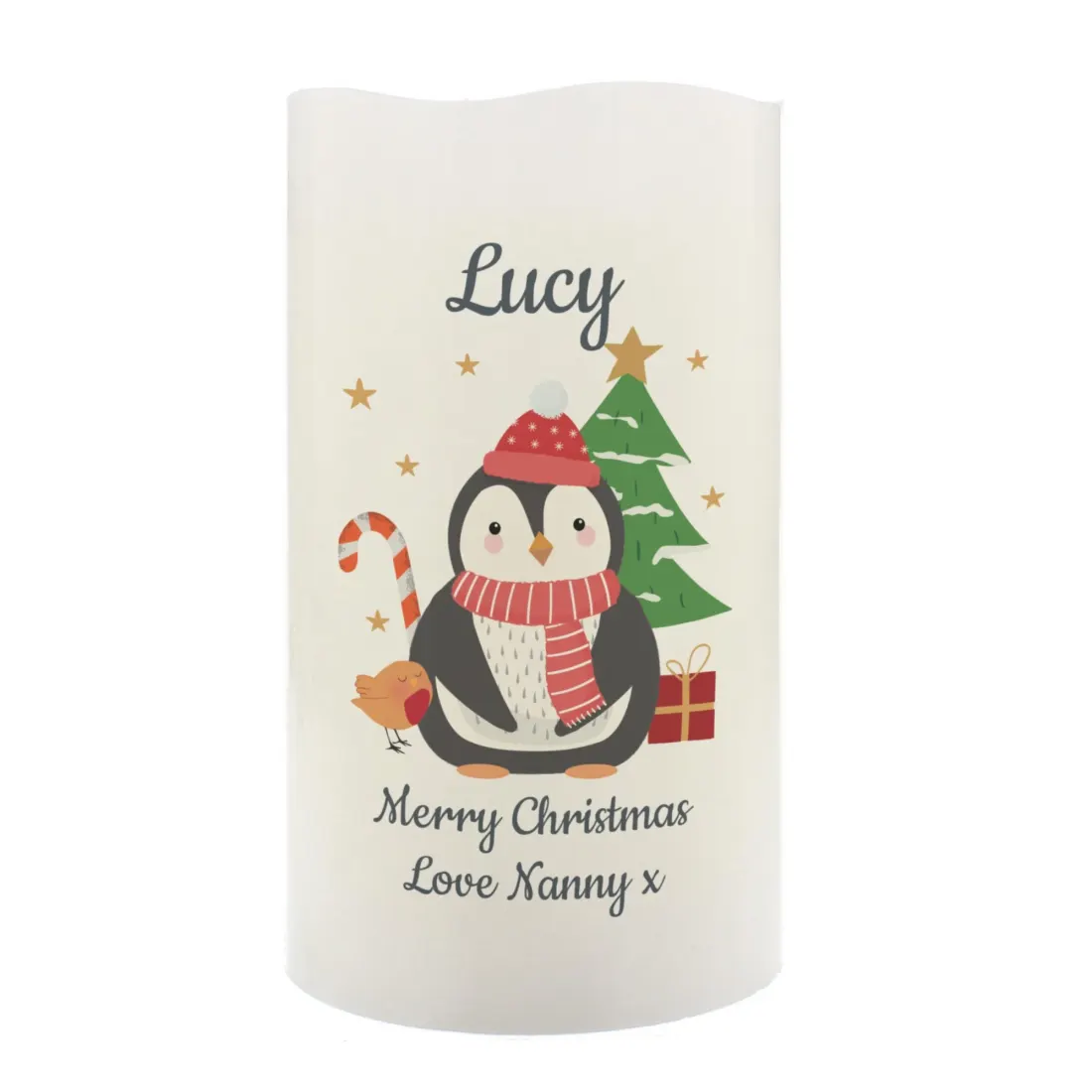 Personalised Penguin Christmas LED Candle, Engraved Name and Message Gifts, Flameless Festive Keepsake — photo 5