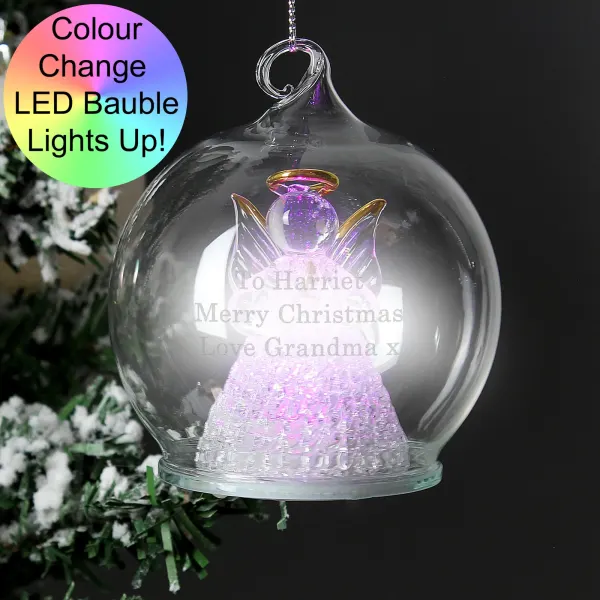 Personalised Glass Angel LED Bauble, Custom Engraved Light Up Christmas Memorial Tree Ornament