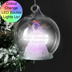 Personalised Glass Angel LED Bauble, Custom Engraved Light Up Christmas Memorial Tree Ornament thumbnail 1