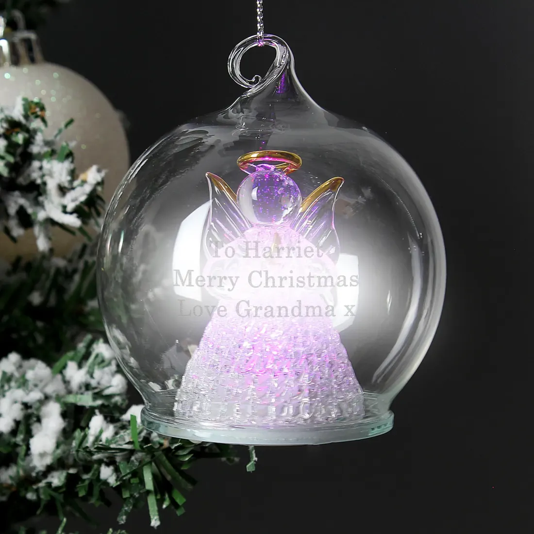 Personalised Glass Angel LED Bauble, Custom Engraved Light Up Christmas Memorial Tree Ornament — photo 3