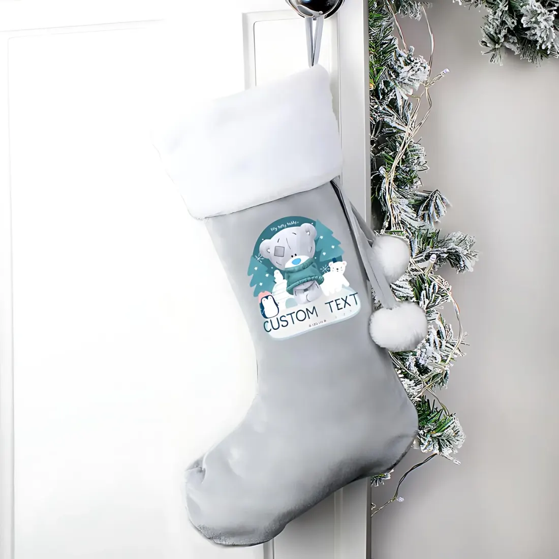 Personalised Christmas Stocking, Custom Tiny Tatty Teddy Design Silver Grey Stocking — photo 2