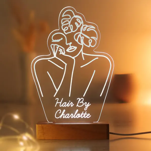 Personalised Fleur Line Art LED Lamp, Engraved Acrylic Panel with Wooden Base