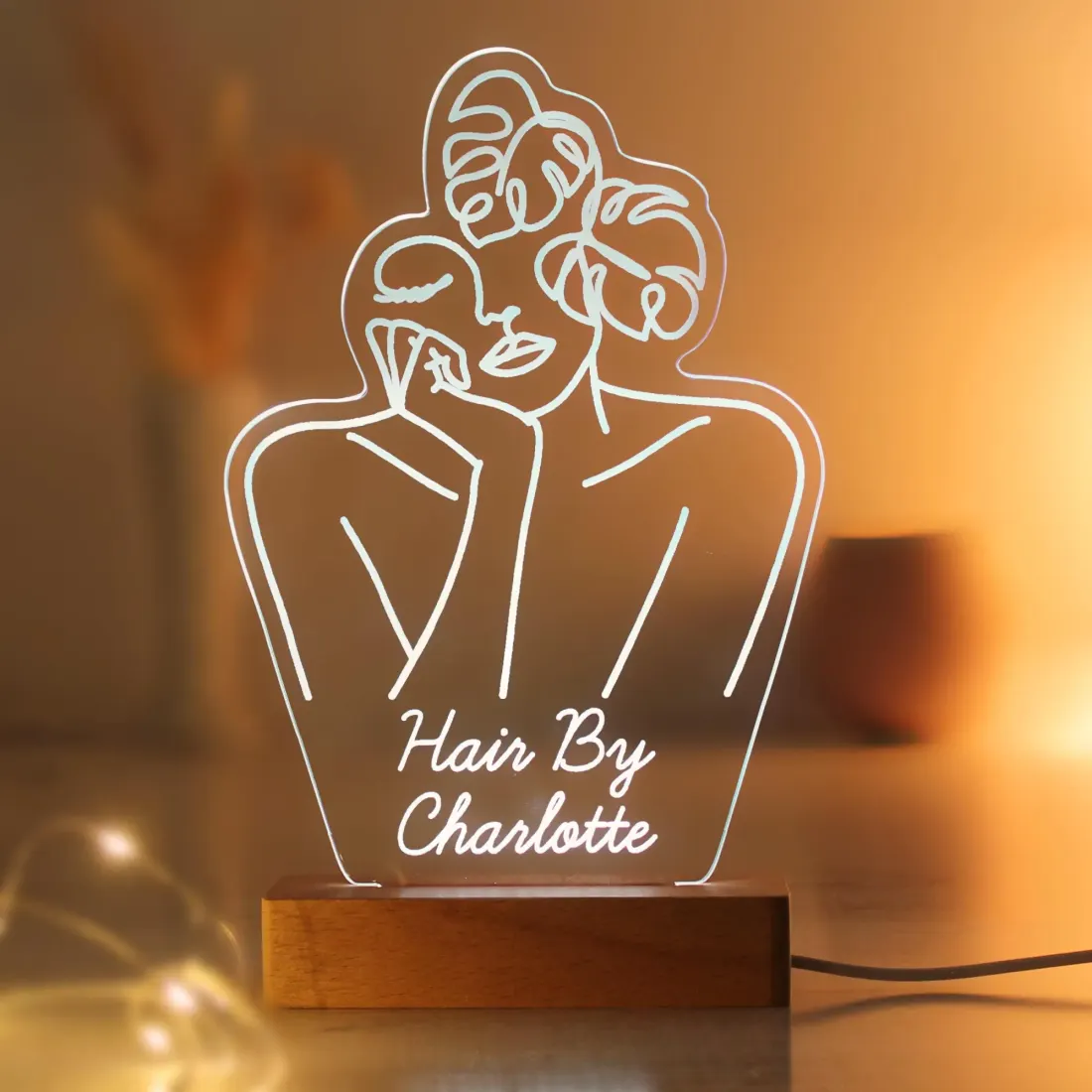 Personalised Fleur Line Art LED Lamp, Engraved Acrylic Panel with Wooden Base