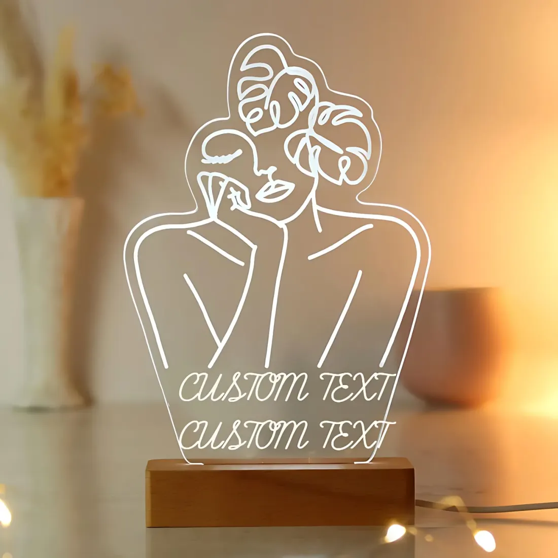Personalised Fleur Line Art LED Lamp, Engraved Acrylic Panel with Wooden Base — photo 2