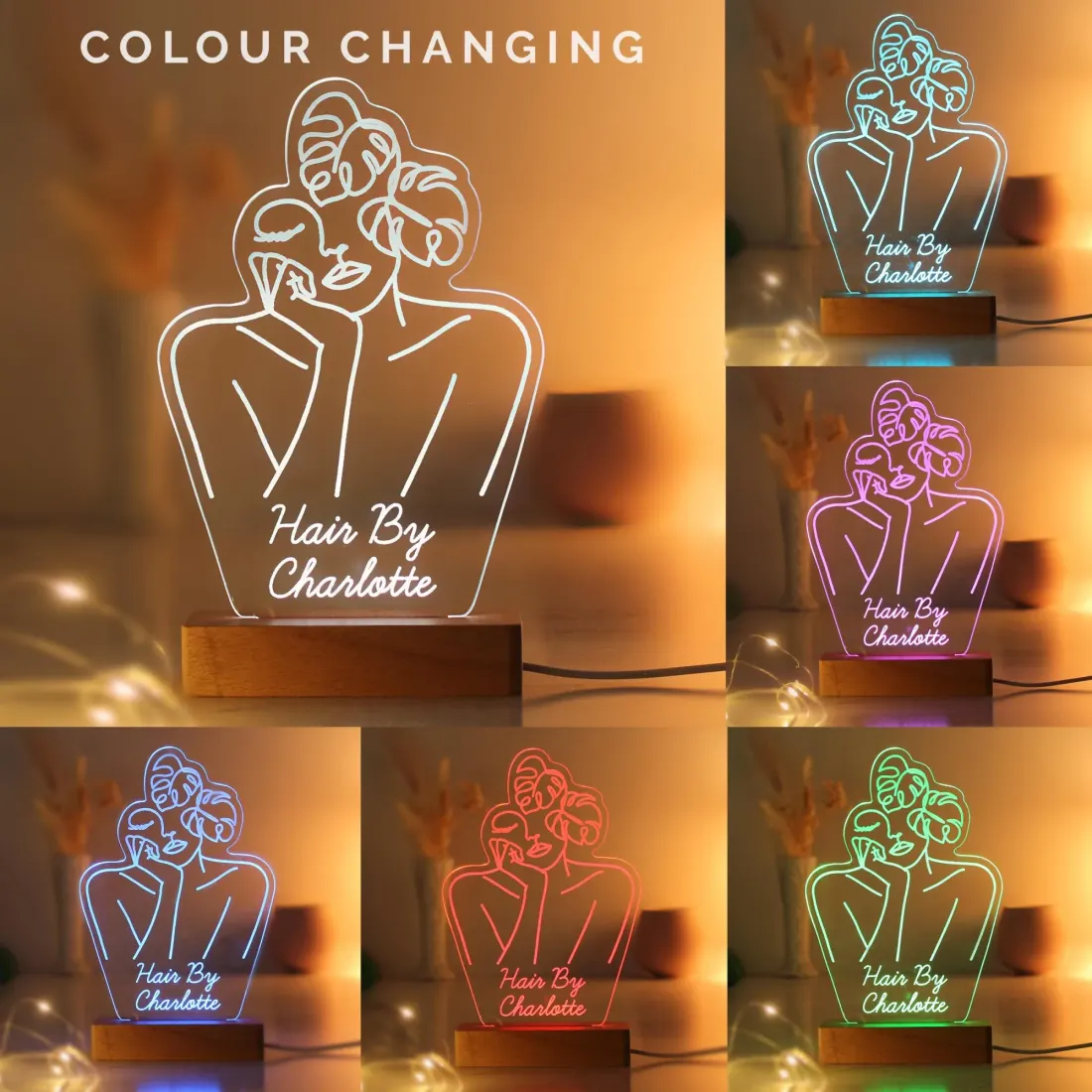 Personalised Fleur Line Art LED Lamp, Engraved Acrylic Panel with Wooden Base — photo 3