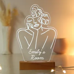 Personalised Fleur Line Art LED Lamp, Engraved Acrylic Panel with Wooden Base thumbnail 5
