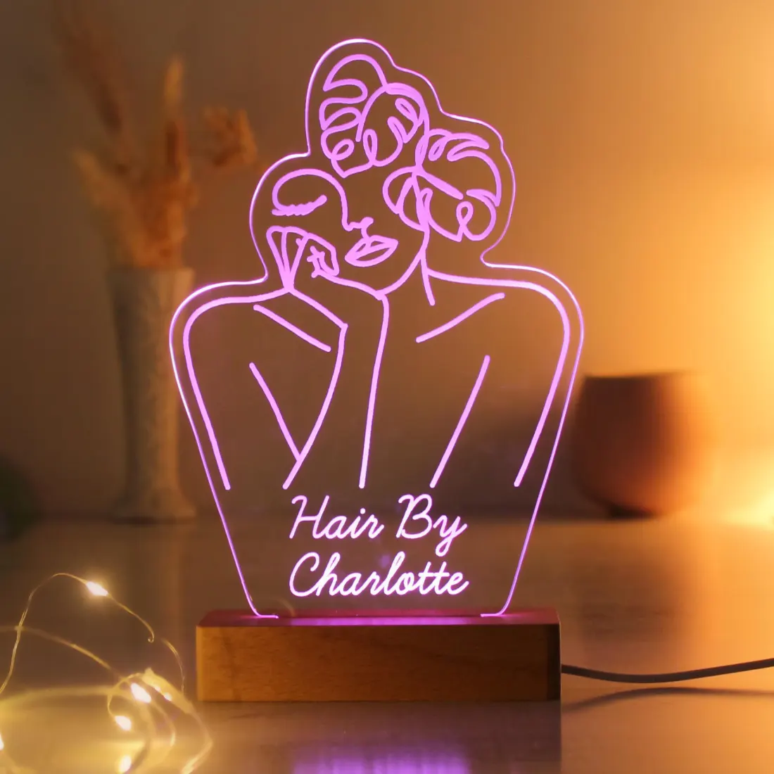 Personalised Fleur Line Art LED Lamp, Engraved Acrylic Panel with Wooden Base — photo 6