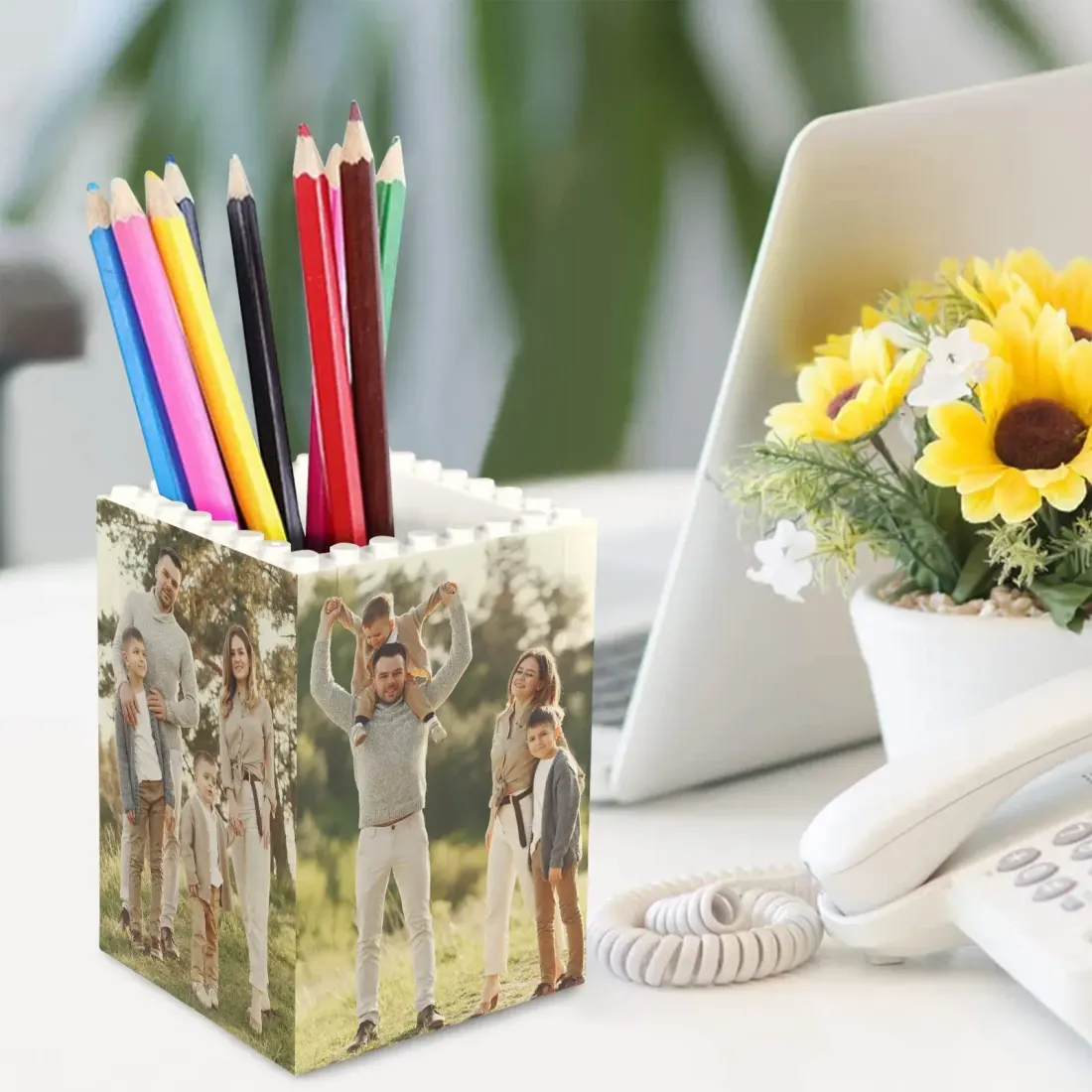Custom Photo Pencil Holder, Building Brick Desk Gift for Dad or Teacher