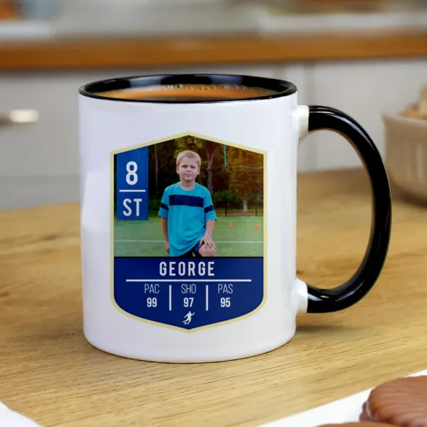 Personalised Photo Upload Football Mug, Custom Black Handle Engraved Mug