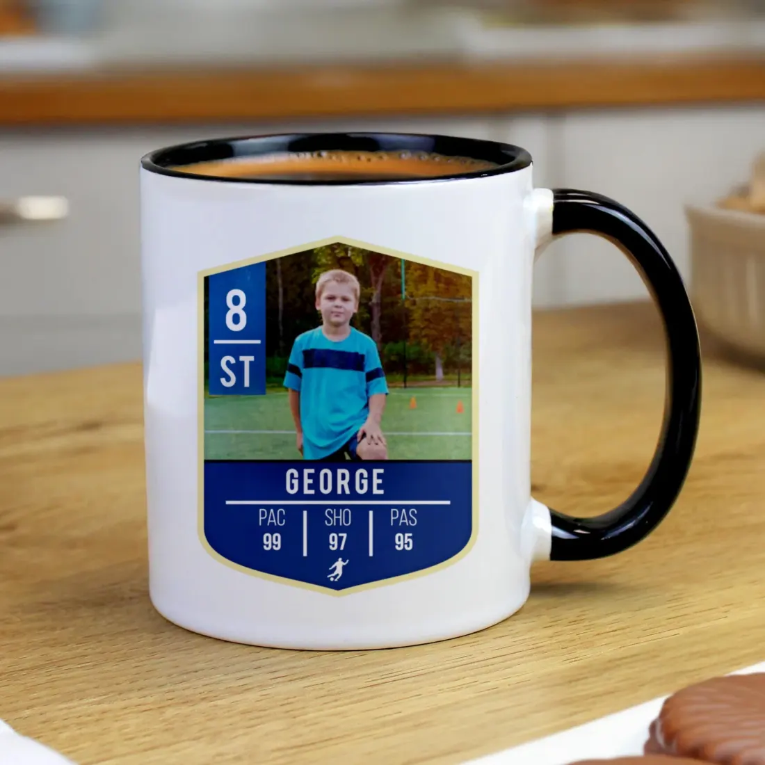 Personalised Photo Upload Football Mug, Custom Black Handle Engraved Mug