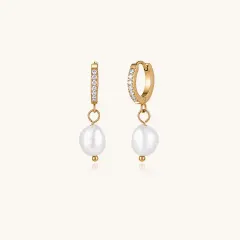 Pearl Drop Hoops: 18K Gold Freshwater Pearl Gift for Her thumbnail 1