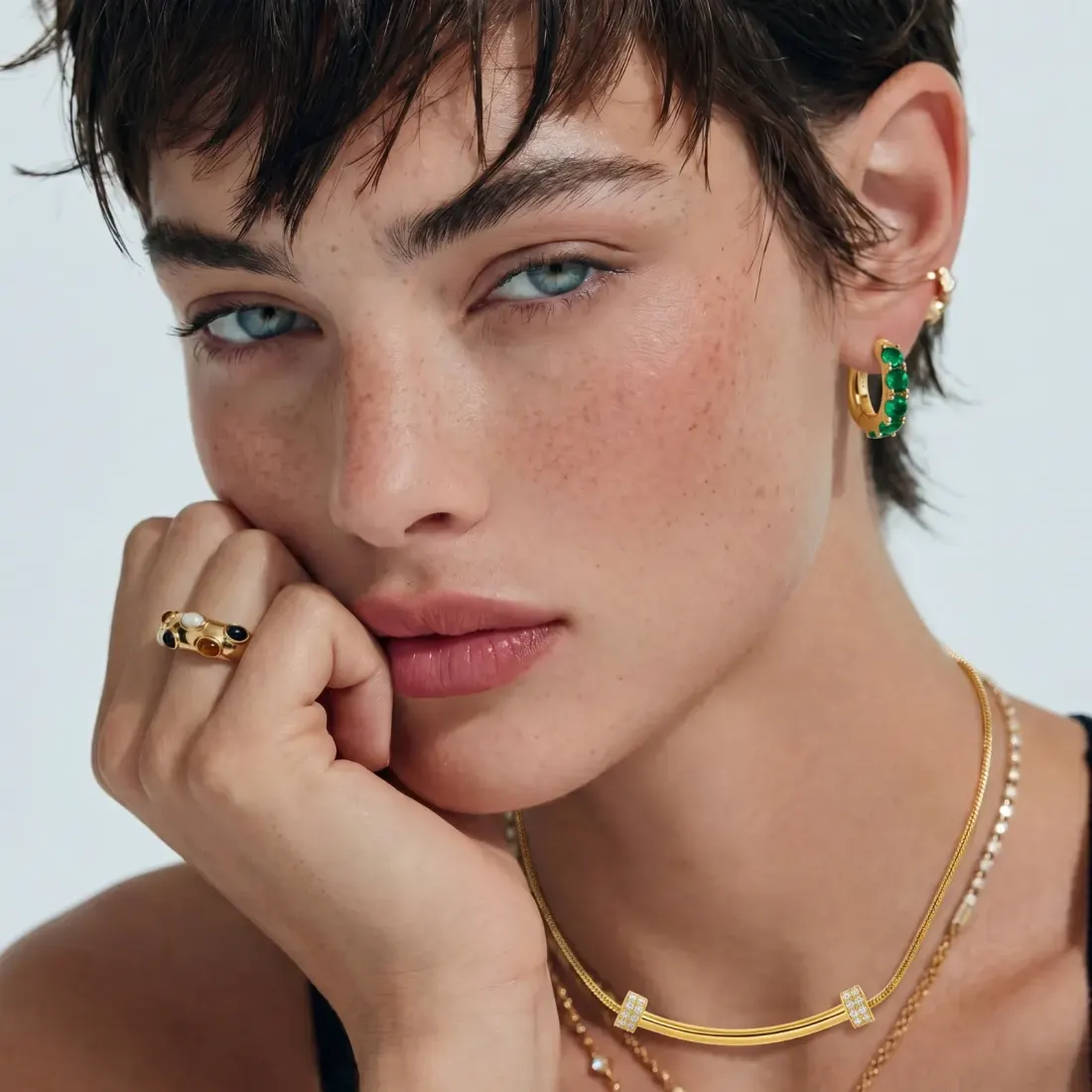 Emerald Huggie Hoops, 18K Gold Plated Gift for Her — photo 5