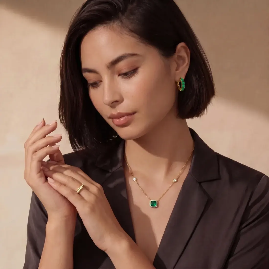 Emerald Huggie Hoops, 18K Gold Plated Gift for Her — photo 6