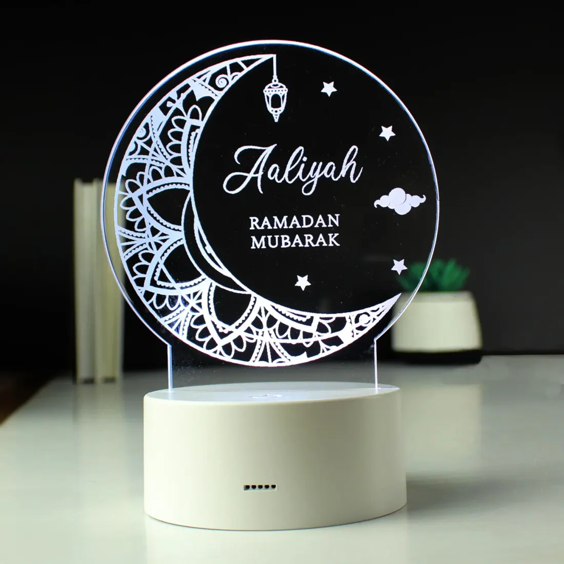 Personalised Ramadan LED Light, Custom Name Eid Moon Lamp, Acrylic Crescent Decor