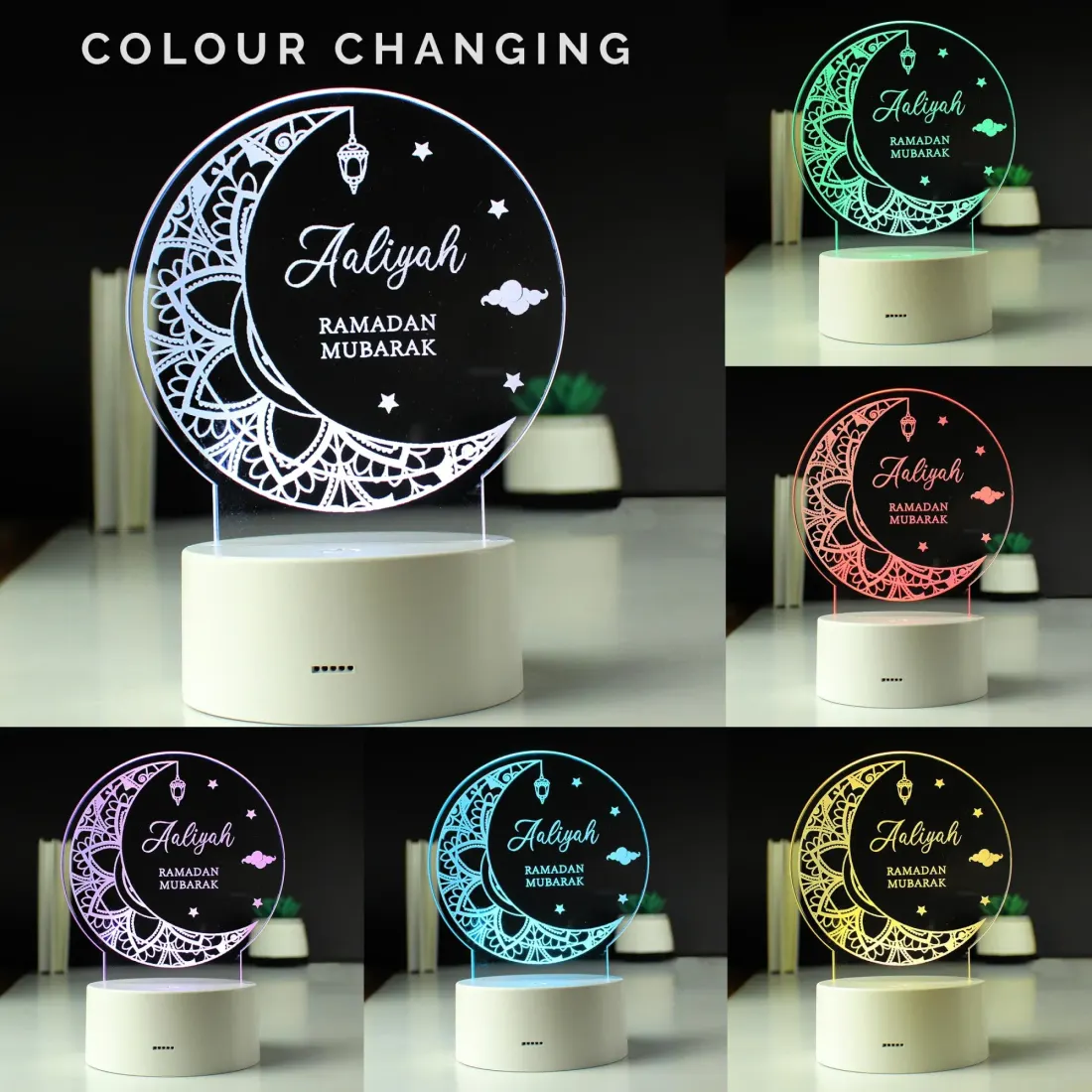 Personalised Ramadan LED Light, Custom Name Eid Moon Lamp, Acrylic Crescent Decor — photo 3