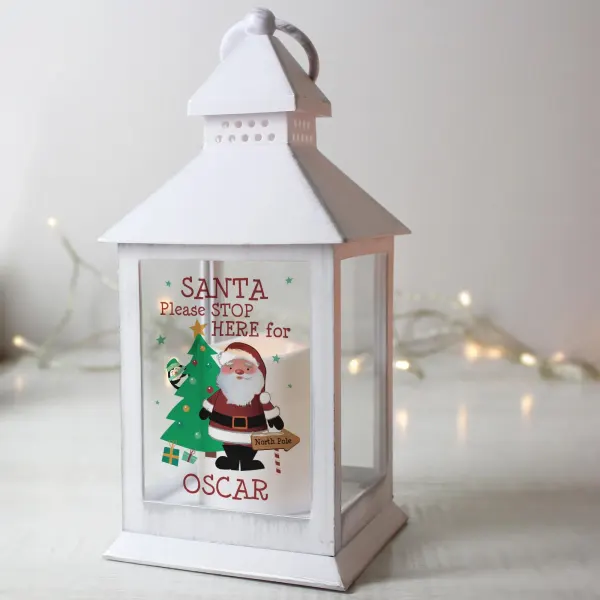 Personalised Christmas Lantern, Custom Santa Name Decoration, White Holiday Table Decor