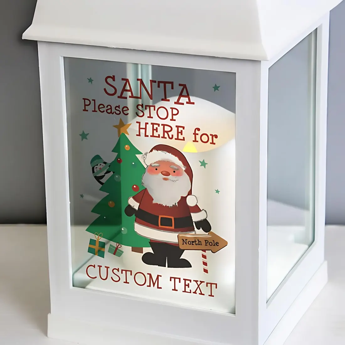 Personalised Christmas Lantern, Custom Santa Name Decoration, White Holiday Table Decor — photo 2