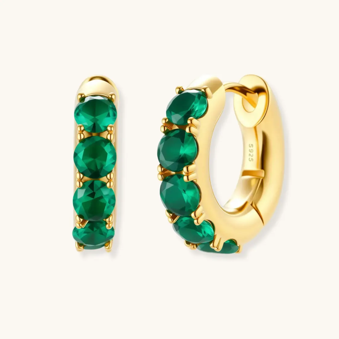 Emerald Huggie Hoops, 18K Gold Plated Gift for Her