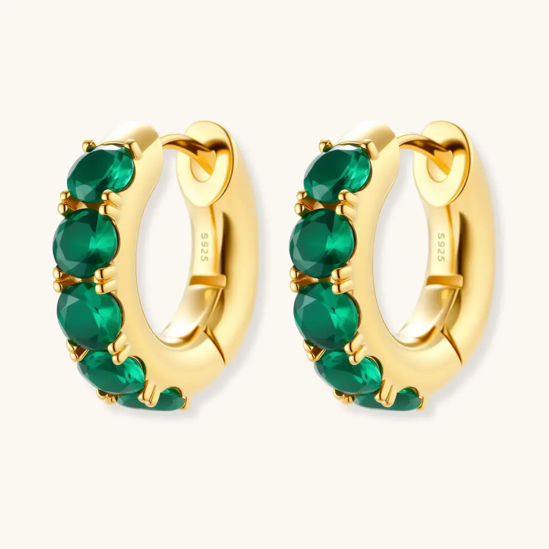 Emerald Huggie Hoops, 18K Gold Plated Gift for Her — photo 3