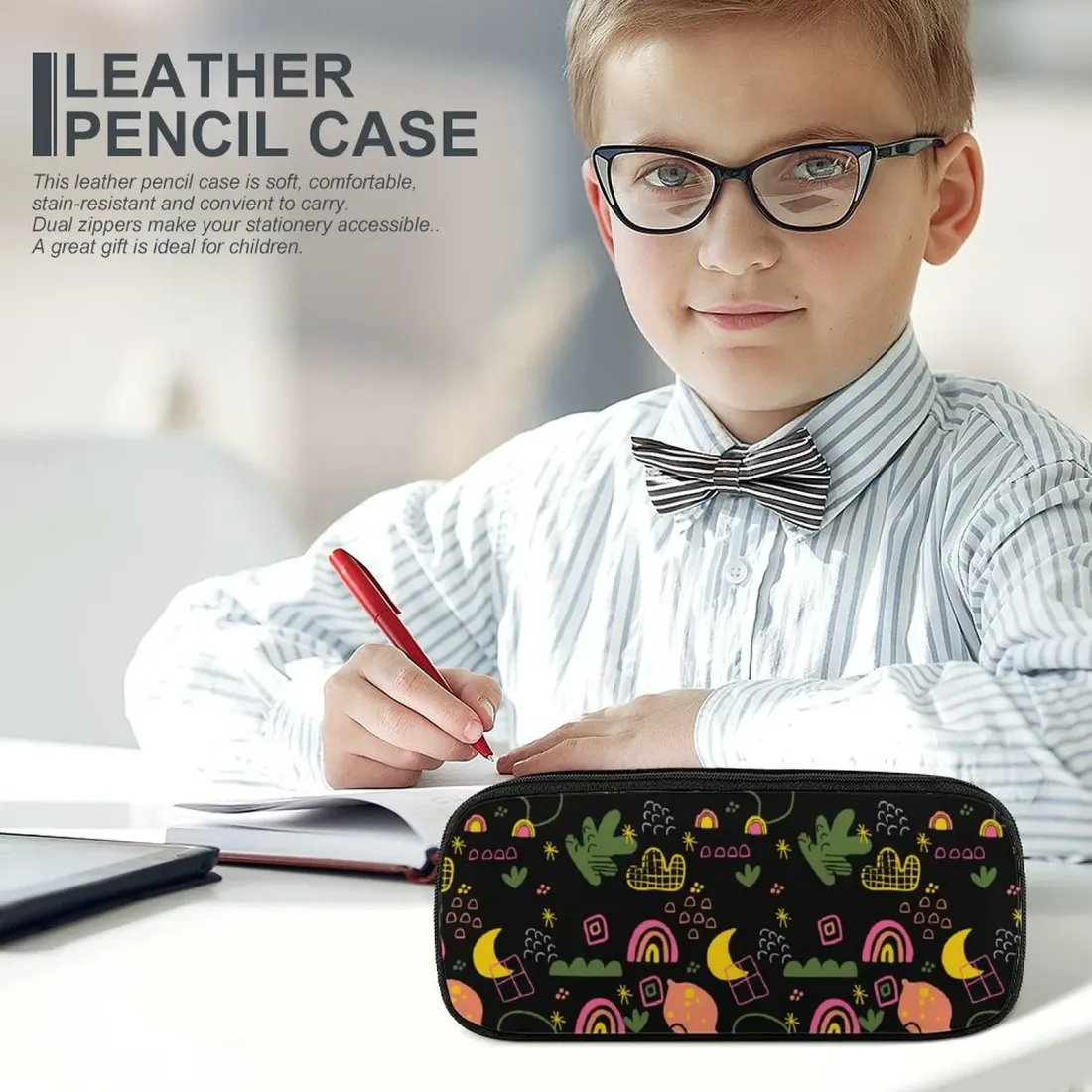 Custom Leather Pencil Case, Print Your Own Design, Zip Pen Pouch for School