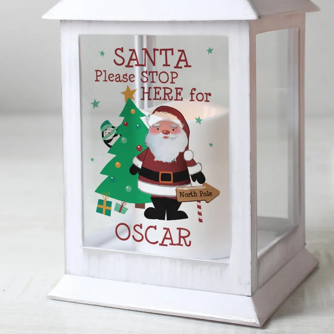Personalised Christmas Lantern, Custom Santa Name Decoration, White Holiday Table Decor — photo 4