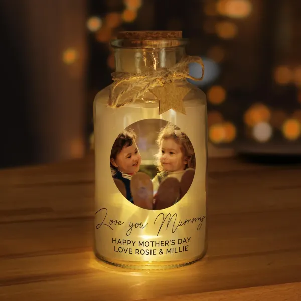 Personalised Photo Upload LED Glass Jar, Custom Text Engraved Memory Light Gift