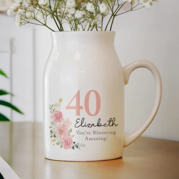Personalised Floral Birthday Jug Vase, Custom Text Engraved Milestone Birthday Gift