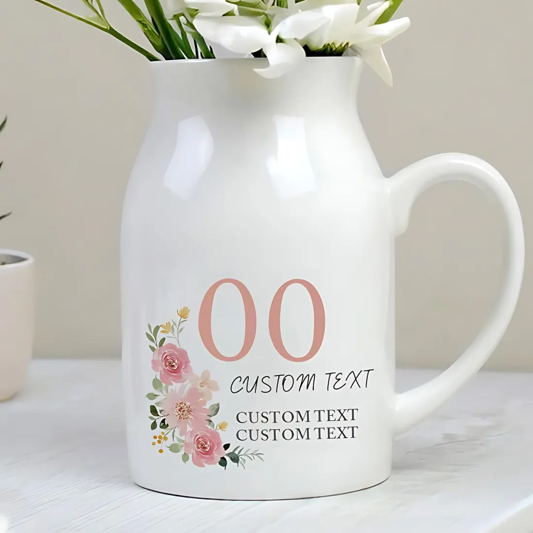 Personalised Floral Birthday Jug Vase, Custom Text Engraved Milestone Birthday Gift — photo 2
